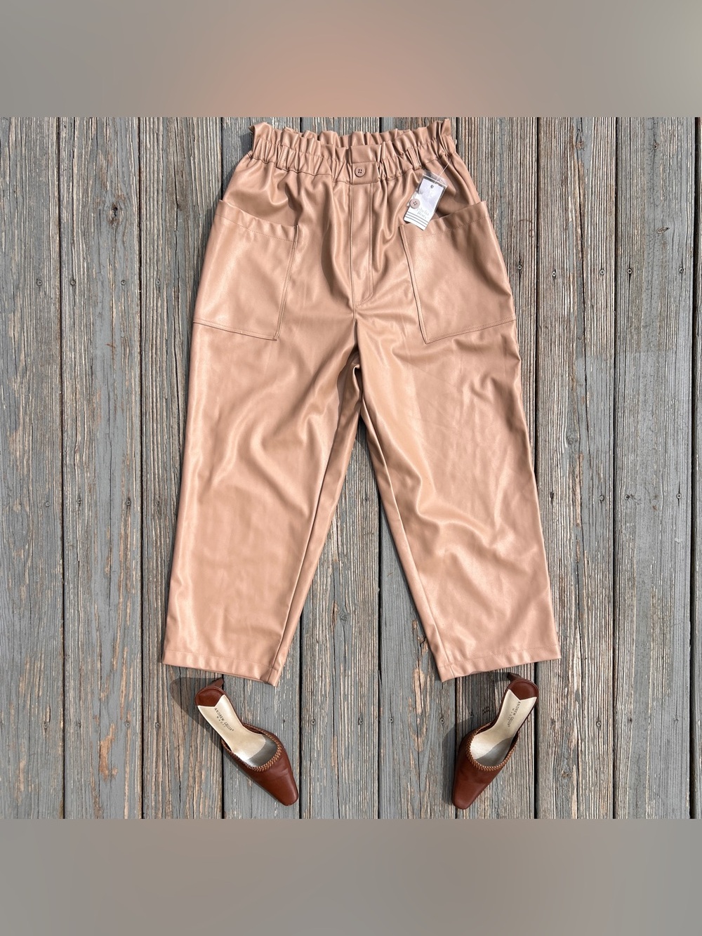 Ophelia Roe Faux Leather Paperbag Pants Tan Taupe XL NWT Defect